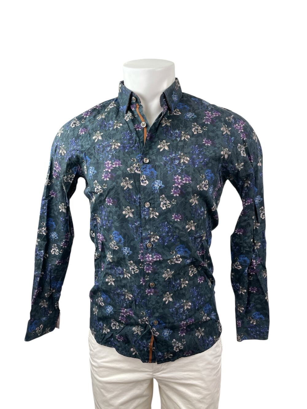 Ted Baker Men's Blue Floral Long Sleeve Modern Fit Button Down Shirt Top Size 15